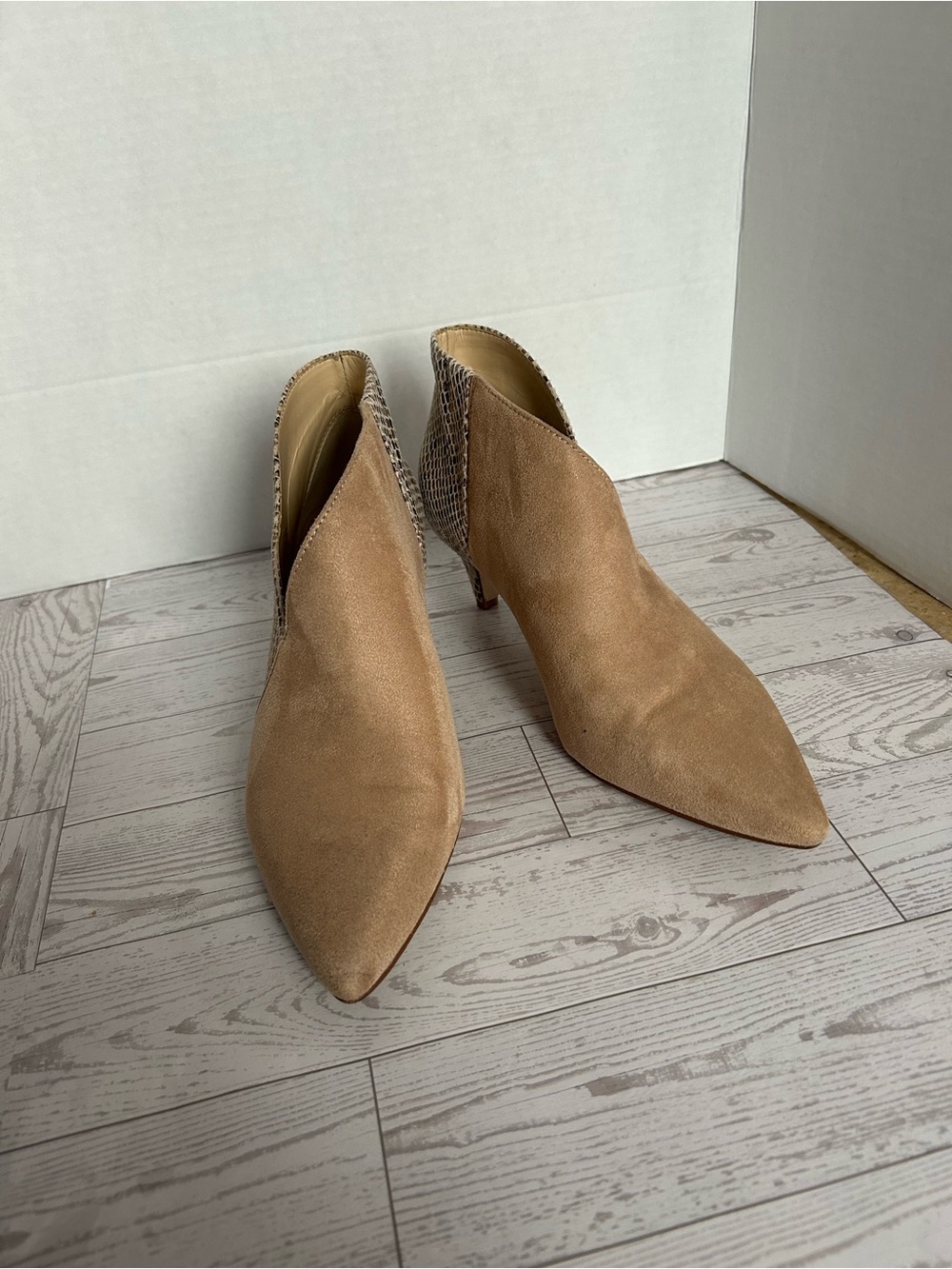 Jessica Simpson Tan Suede Pointed Ankle Booties with Snakeskin-Accent Heel